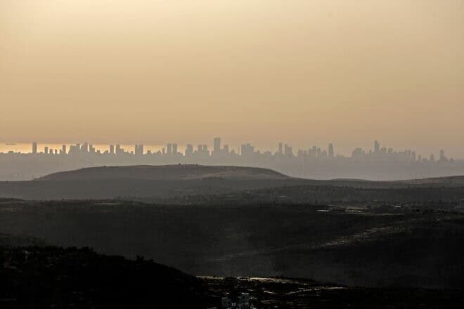 The Tel Aviv skyline as seen from western Samaria, June 17, 2020. Photo by Menahem Kahana/AFP via Getty Images.