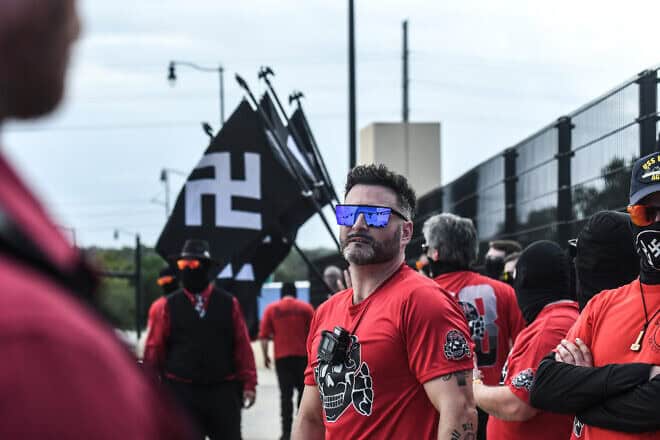 Joe Minadeo, leader of the Goyim Defense League rallies with another neo-Nazi group on Sept. 2, 2023 in Orlando, Florida. Photo by Stephanie Keith/Getty Images.