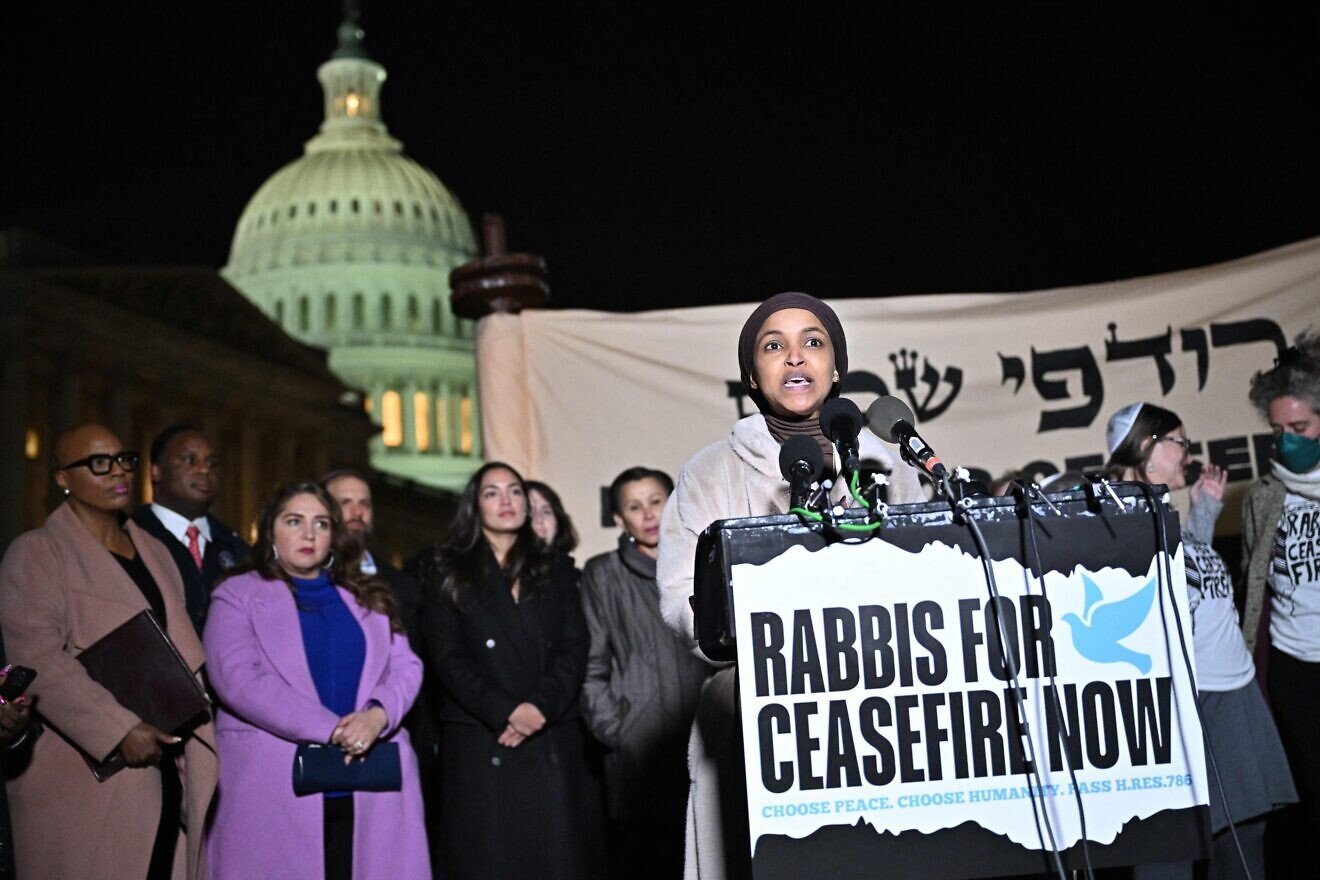 Rep. Ilhan Omar (D-Minn.) speaks during a news conference calling for a ceasefire between Israel and Hamas, on Capitol Hill in Washington, D.C., on Nov. 13, 2023. Photo by Mandel Ngan/AFP via Getty Images.