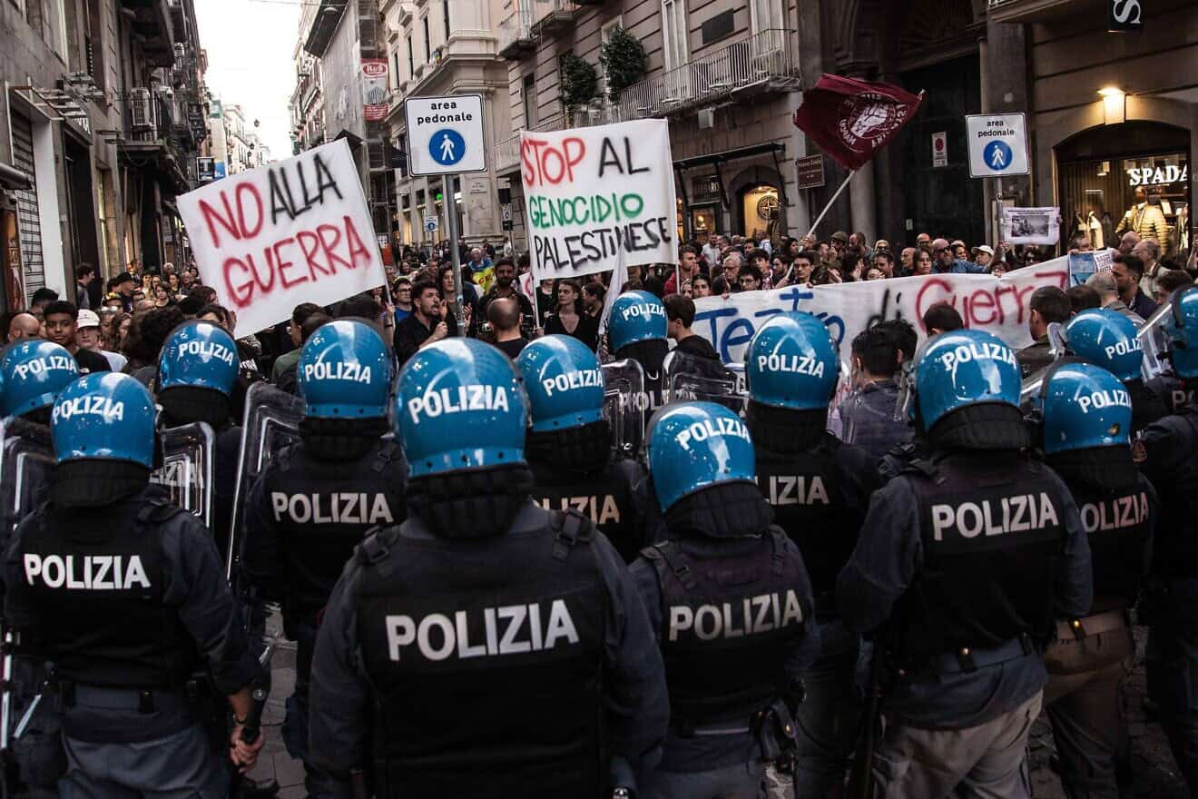 Police are deployed to keep the peace during an anti-NATO and anti-war protest in Naples, Italy, on on April 8, 2024. Photo by Ivan Romano/Getty Images.