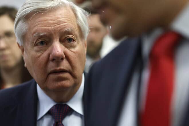 Sen. Lindsey Graham (R-S.C.) talks to members of the media as he makes his way to the Senate chamber at the U.S. Capitol in Washington, D.C., on April 23, 2024. Photo by Kevin Dietsch/Getty Images.