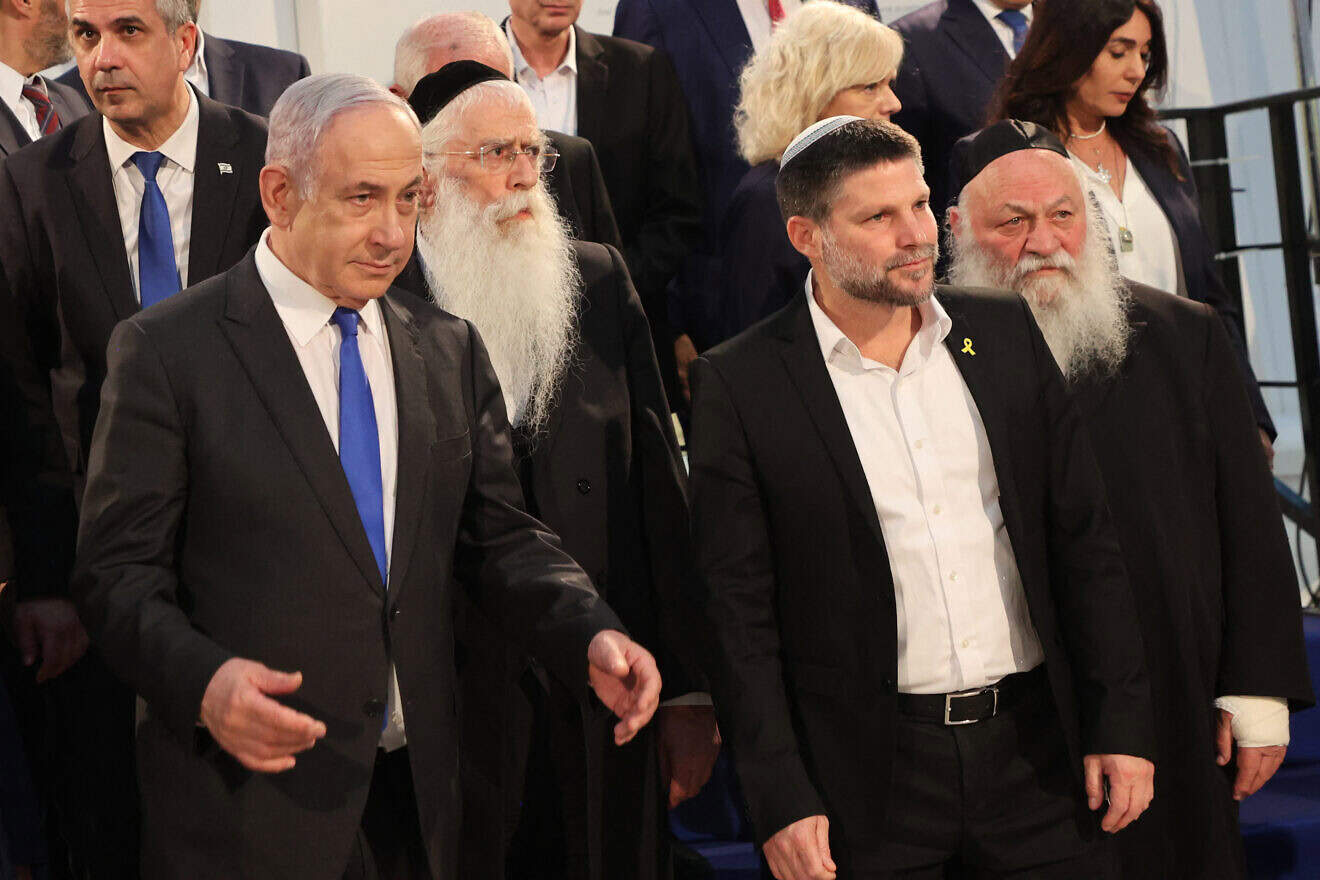 Israeli Prime Minister Benjamin Netanyahu and Israeli Finance Minister Bezalel Smotrich (second from right) arrive for a Cabinet meeting at the Bible Lands Museum in Jerusalem, on June 5, 2024. Photo by Gil Cohen-Magen/POOL/AFP via Getty Images.