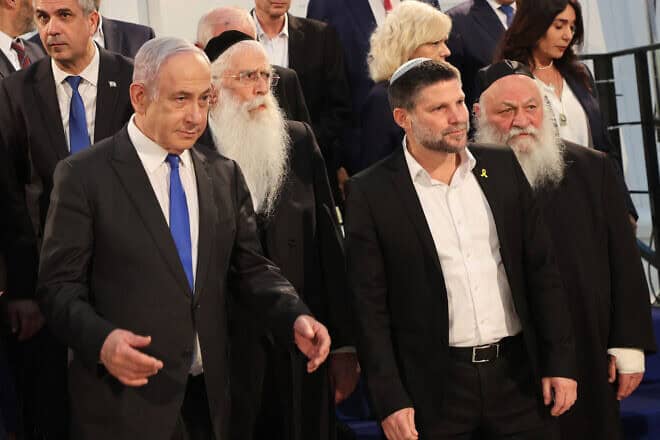 Israeli Prime Minister Benjamin Netanyahu and Israeli Finance Minister Bezalel Smotrich (second from right) arrive for a Cabinet meeting at the Bible Lands Museum in Jerusalem, on June 5, 2024. Photo by Gil Cohen-Magen/POOL/AFP via Getty Images.