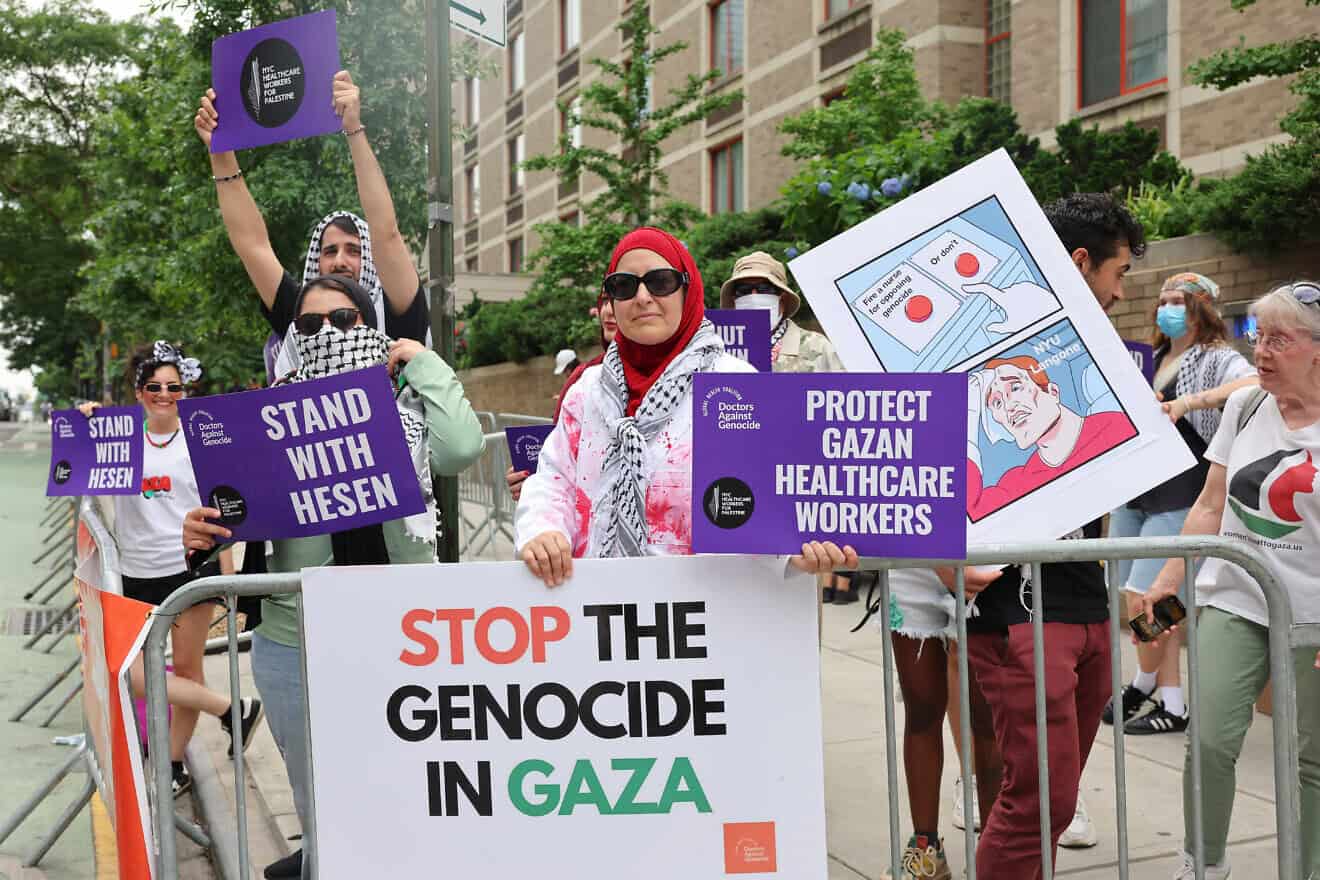Anti-Israel activists gather for a rally in solidarity with Hesen Jabr in front of Tisch Hospital at NYU Langone Health on June 14, 2024 in New York City. Photo by Michael M. Santiago/Getty Images.