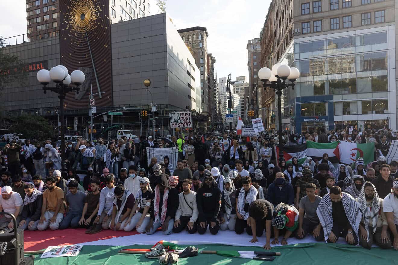 Pro-Palestinian supporters with the group Within Our Lifetime march throughout the streets of New York on Oct. 7, 2024. Photo by Andrew Lichtenstein/Corbis via Getty Images.