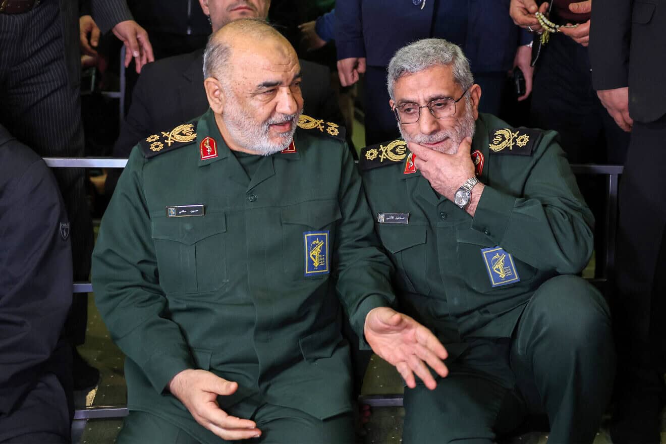 IRGC head Maj. Gen. Hossein Salami (left) and Quds Force chief Brig. Gen. Esmail Ghaani at a ceremony in Tehran to commemorate the fifth anniversary of the killing of Revolutionary Guards head Qasem Soleimani in a U.S. drone strike in Iraq, on Jan. 2, 2025. Photo by AFP via Getty Images.