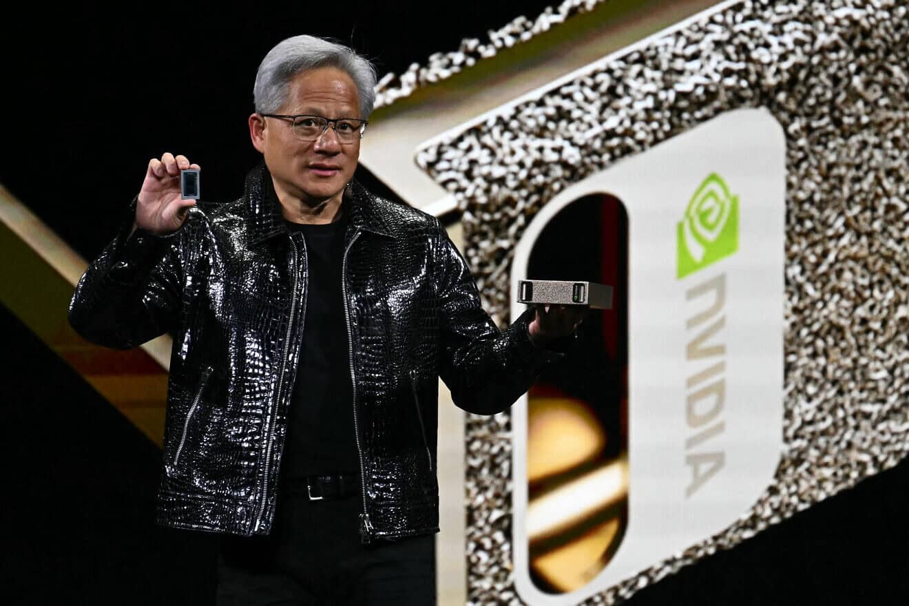Nvidia CEO Jensen Huang speaks about Project Digits personal AI supercomputer for researchers and students during a keynote address at the Consumer Electronics Show (CES) in Las Vegas, Nev., on Jan. 6, 2025. Photo by Patrick T. Fallon/AFP via Getty Images.