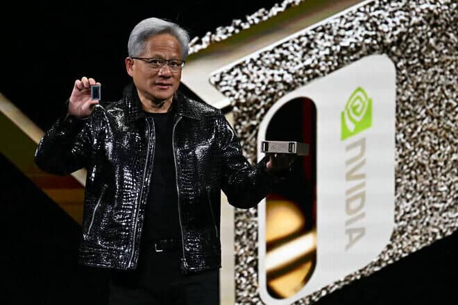 Nvidia CEO Jensen Huang speaks about Project Digits personal AI supercomputer for researchers and students during a keynote address at the Consumer Electronics Show (CES) in Las Vegas, Nev., on Jan. 6, 2025. Photo by Patrick T. Fallon/AFP via Getty Images.