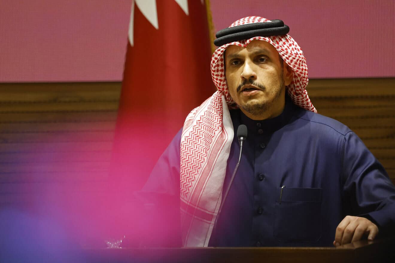 Qatar's Prime Minister Sheikh Mohammed bin Abdulrahman bin Jassim Al-Thani addresses a press conference at the Diwan Annex in Doha on Jan. 15, 2025. Photo by Karim Jaafar/AFP via Getty Images.