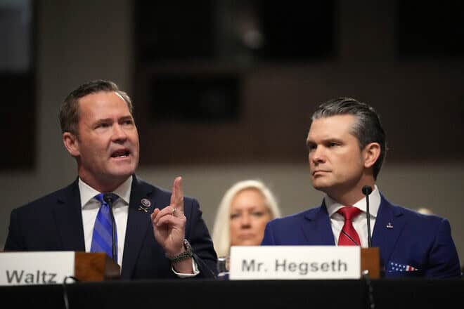 Rep. Michael Waltz (R-FL) introduces U.S. President-elect Donald Trump's nominee for Secretary of Defense Pete Hegseth during his Senate Armed Services confirmation hearing on Capitol Hill in Washington, D.C., on Jan. 14, 2025. Photo by Andrew Harnik/Getty Images.