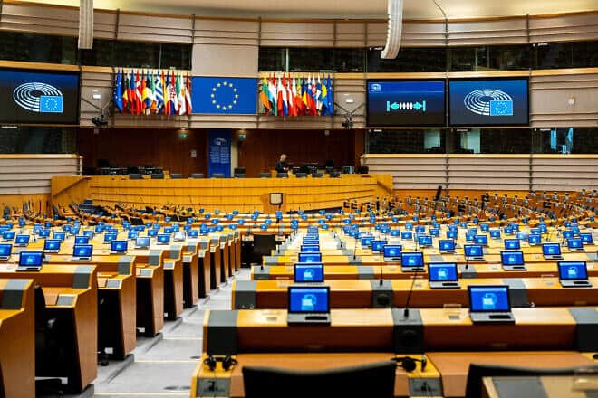 Hemicycle of the European Parliament in Brussels, Belgium, Jan. 15, 2025. Photo by Martin Bertrand/Hans Lucas/AFP via Getty Images.