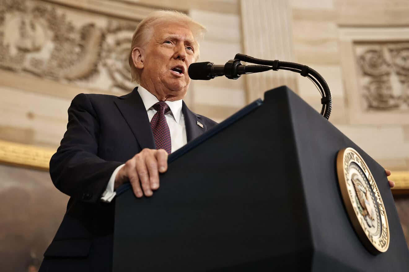 U.S. President Donald Trump delivers his inaugural address after being sworn in as the the 47th president of the United States in the Rotunda of the U.S. Capitol in Washington, D.C., on Jan. 20, 2025. Photo by Chip Somodevilla/POOL/AFP via Getty Images.