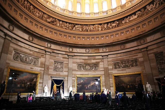 The U.S. Capitol rotunda is prepared for a rare indoor inauguration ceremony in Washington, D.C., on Jan. 19, 2025. Photo by Chip Somodevilla/Getty Images.