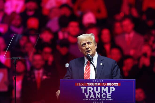 President-elect Donald Trump speaks at a victory rally at the Capital One Arena in Washington, D.C., on Jan. 19, 2025. Photo by Scott Olson/Getty Images.