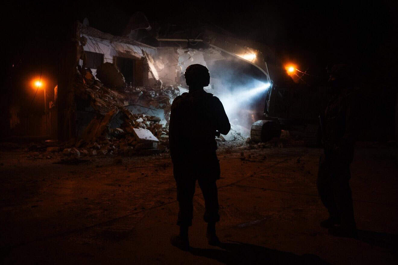 Israeli forces demolishing the home of a terrorist in Bal’a, Samaria, who took part in the deadly Nov. 2, 2023, attack at the Beit Lid Junction, Dec. 31, 2024. Credit: IDF.