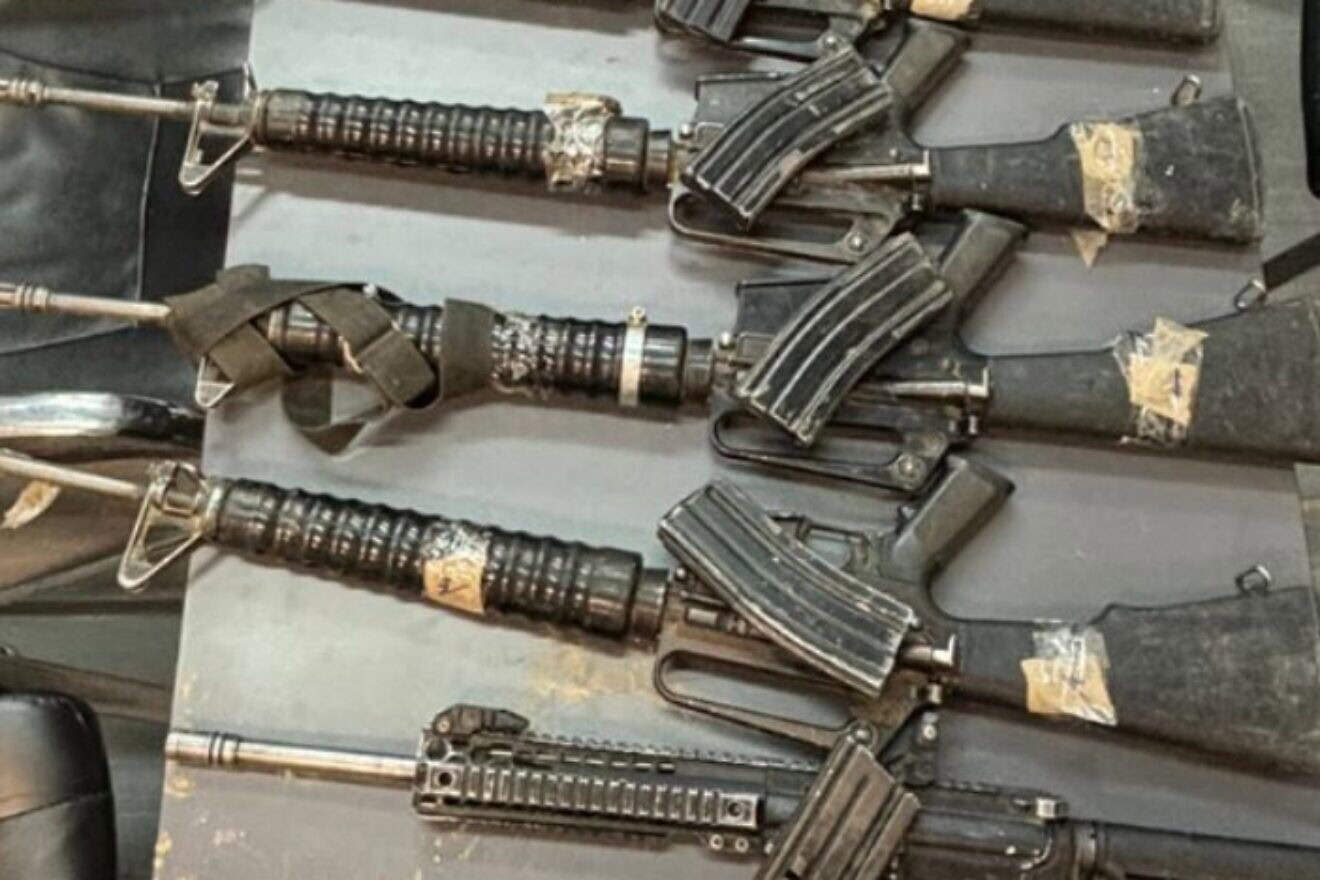 Assault rifles that were seized after a drone was shot down by the Israel Defense Forces near the Egyptian border, Jan. 29, 2025. Credit: IDF.