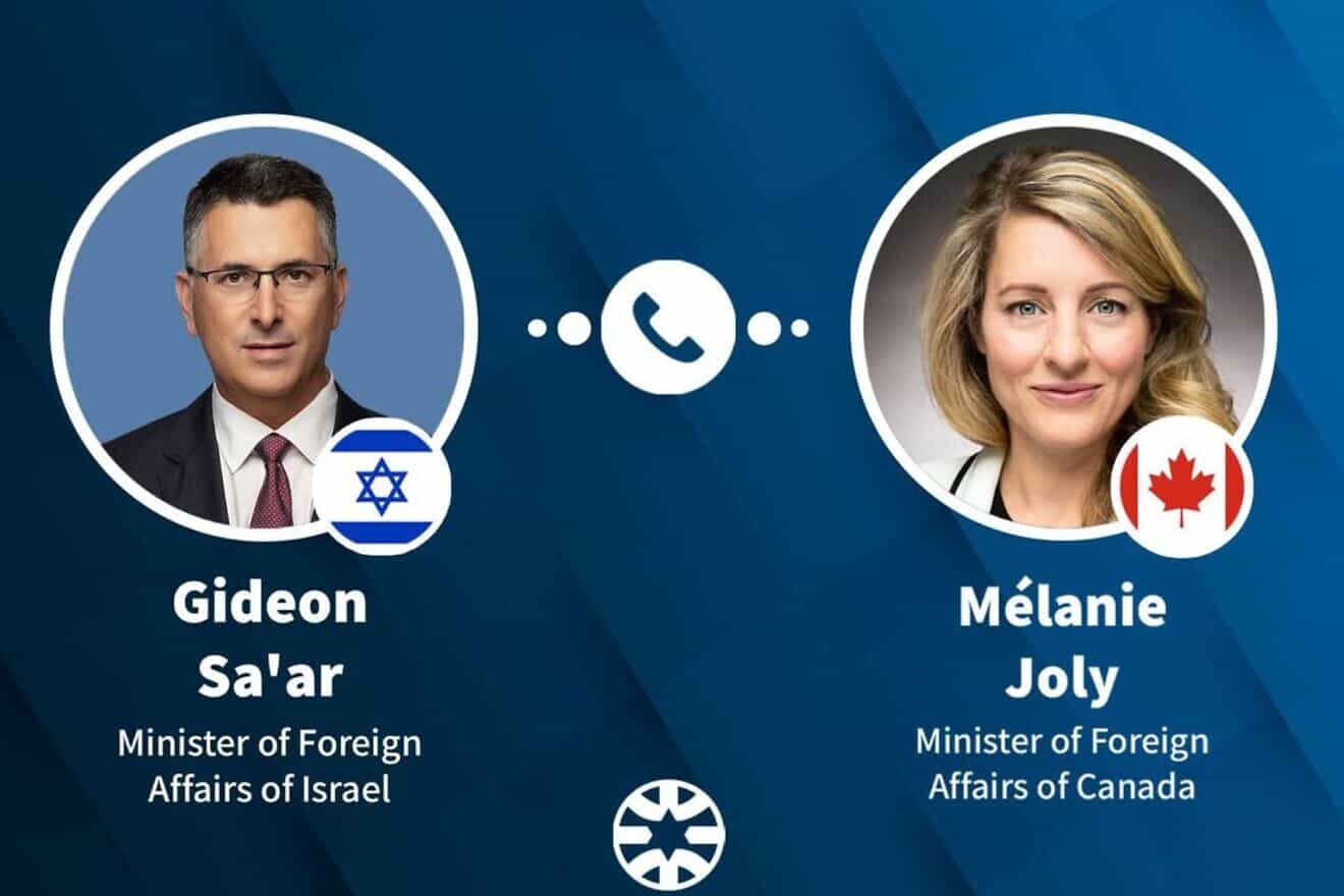 Graphic of Israeli Foreign Minsiter Gideon Sa'ar and Canada's Minister of Foreign Affairs Melanie Joly. Credit: X/MFA.
