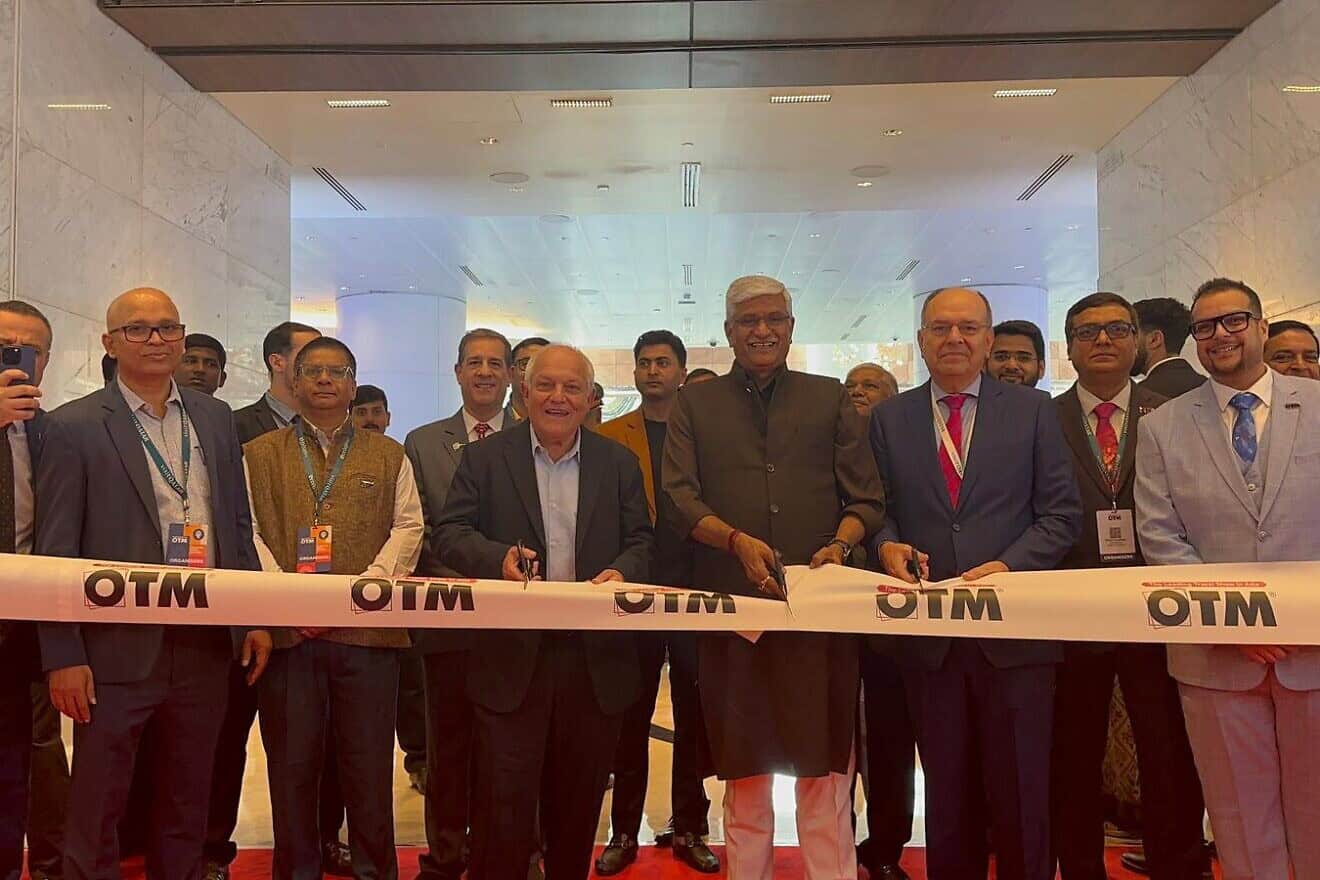 Israeli Tourism Minister Ham Katz (center left) and Indian Tourism Minister Gajendra Singh Shekhawat (center right) cut the ribbon at the OTM 2025 travel fair in Mumbai on Jan. 30, 2025. Credit: Courtesy.