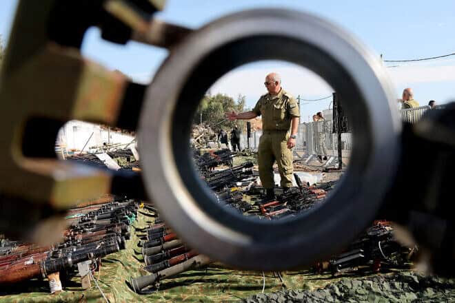 Hezbollah weapons and other equipment that the IDF seized during its ground operation in Southern Lebanon are displayed for the media at an army base in the Galilee on Dec. 23, 2024. Photo by Jack Guez/AFP via Getty Images.