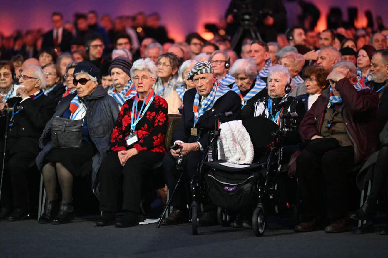 Holocaust survivors attend the commemoration of the liberation of the German concentration and extermination camp Auschwitz-Birkenau by the Red Army, in Oświęcim, Poland, on Jan. 27, 2025. Photo by Sergei Gapon/AFP via Getty Images.
