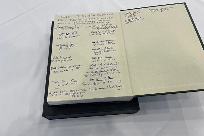 A copy of a women's commentary on the Torah published by the Reform Movement, which the Michigan Board of Rabbis gifted to Sen. Elissa Slotkin (D-Mich.), which she used for her swearing-in to the Senate on Jan. 3, 2025. Credit: Office of Sen. Elissa Slotkin.