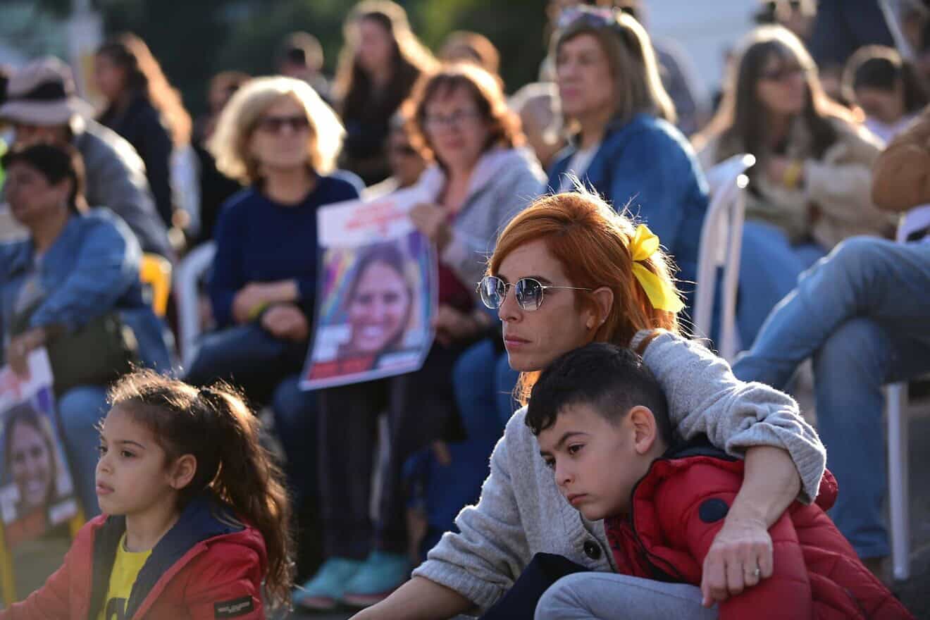 Israelis watch the release of three hostages from Hamas captivity as part of a deal with Hamas, on a big screen at "Hostages Square" in Tel Aviv, on Jan. 19, 2025. Photo by Tomer Neuberg/Flash90.