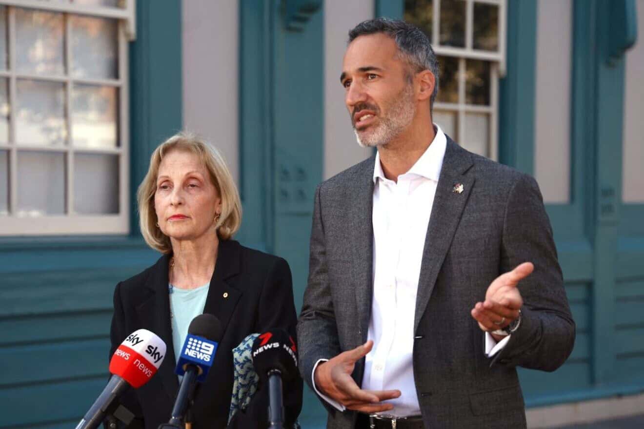 Executive Council of Australian Jewry president Jillian Segal and co-CEO Alex Ryvchin speak to reporters in Sydney, Australia, on Oct. 9, 2023. Photo by David Gray/AFP via Getty Images.