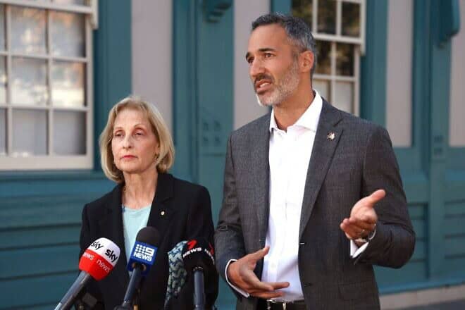 Executive Council of Australian Jewry president Jillian Segal and co-CEO Alex Ryvchin speak to reporters in Sydney, Australia, on Oct. 9, 2023. Photo by David Gray/AFP via Getty Images.