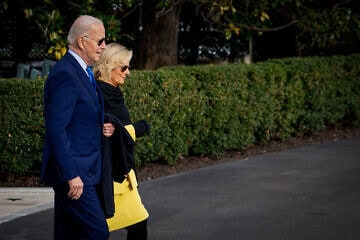 U.S. President Joe Biden and his wife, Jill Biden, walk to board Marine One as they depart from the White House in Washington, D.C., to Manassas, Va.,, Jan. 23, 2024. Photo by Arie Leib Abrams/Flash90.