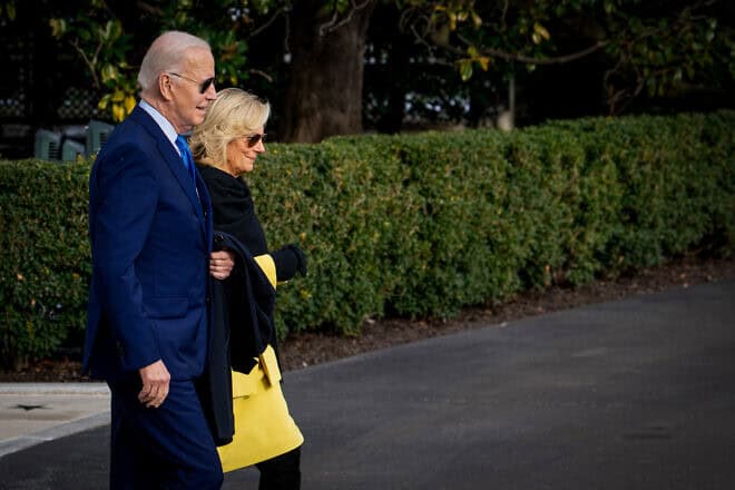 U.S. President Joe Biden and his wife, Jill Biden, walk to board Marine One as they depart from the White House in Washington, D.C., to Manassas, Va.,, Jan. 23, 2024. Photo by Arie Leib Abrams/Flash90.