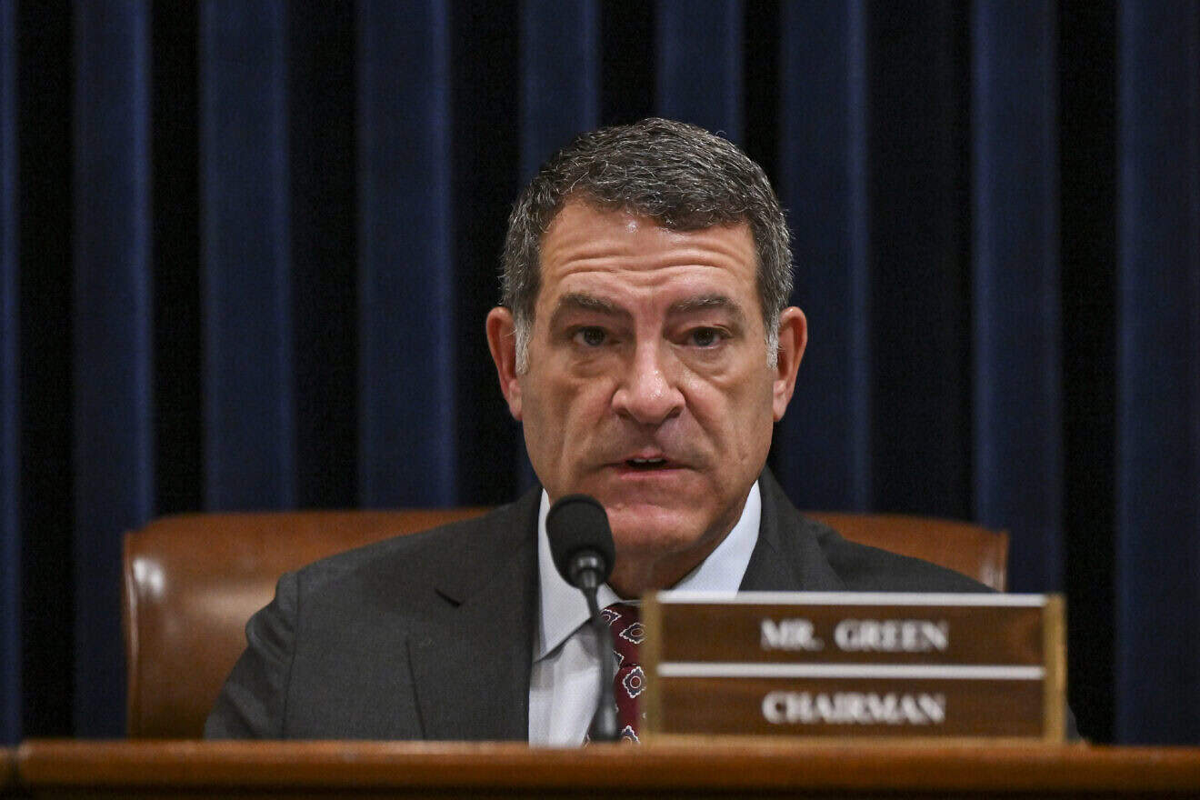 Rep. Mark Green (R-Tenn.) makes his opening statement to Alejandro Mayorkas, secretary of the U.S. Department of Homeland Security, as he prepares to testify during a House Committee on Homeland Security hearing: “A Review of the Fiscal Year 2025 Budget Request for the Department of Homeland Security,” at the Canon House Office Building in Washington, D.C., on April 16, 2024. Photo by Ricky Carioti/“The Washington Post” via Getty Images.
