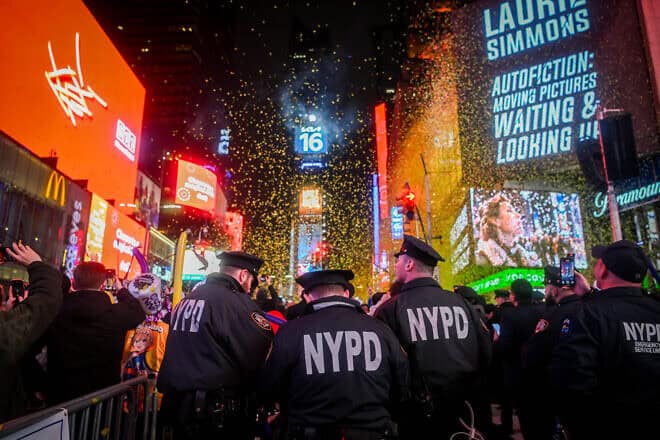 New Year's Eve celebrants and a heavy police presence in Times Square, New York City, on Dec. 31, 2024. Photo by Arie Leib Abrams/Flash90.