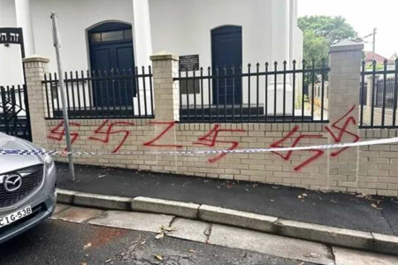 Vandalism on the Newtown Synagogue in Sydney's Inner West area, Jan. 11, 2025. Credit: Courtesy of J-Wire.
