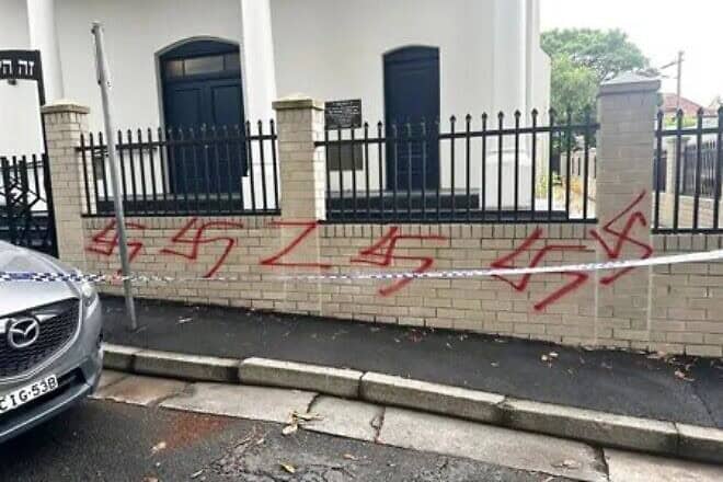 Vandalism on the Newtown Synagogue in Sydney's Inner West area, Jan. 11, 2025. Credit: Courtesy of J-Wire.