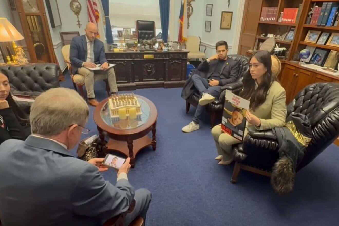 Noa Argamani holding a poster of her boyfriend Avinatan Or, who remains in Hamas captivity, during a meeting with U.S. Congress members in Washington, D.C., on Jan. 8, 2025. Source: YouTube/Israel International News.