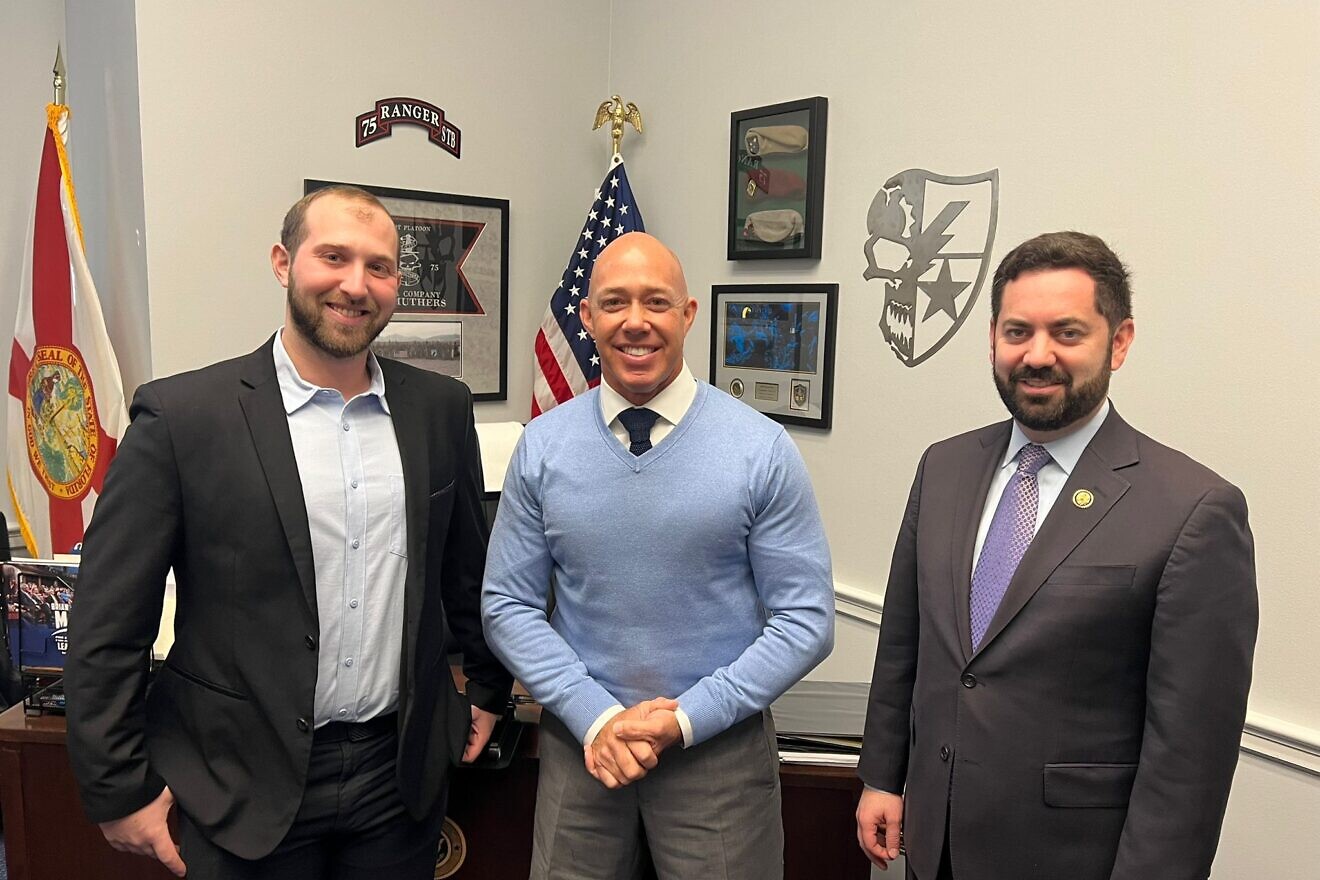 (From left) Chaim Meisels, a U.S. citizen and "loan" Israeli soldier who was part of the unit that helped kill Hamas leader Yahya Sinwar, meets with Reps. Brian Mast (R-Fla.) and  Mike Lawler (R-N.Y.) in Washington, D.C., on Jan. 15, 2025. Credit: Courtesy of office of Rep. Brian Mast.