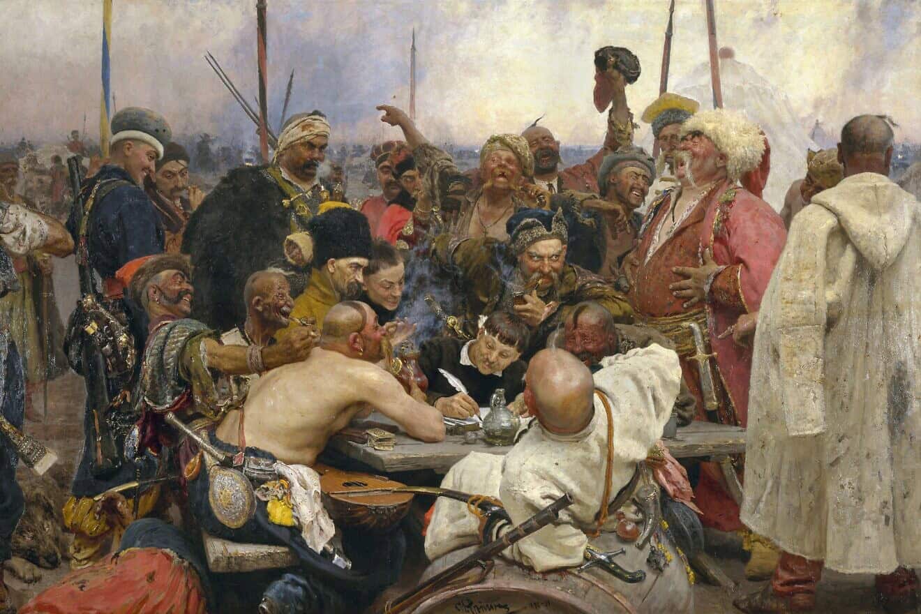 “Reply of the Zaporozhian Cossacks to Sultan Mehmed IV of Turkey,” oil on canvas by Ilya Repin, painted between 1878 and 1891. Credit: Russian Museum via Wikimedia Commons.