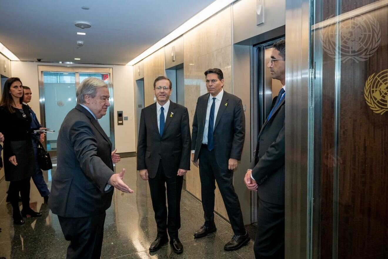 U.N. Secretary-General António Guterres meets with Israeli President Isaac Herzog and Danny Danon, Israel's envoy to the global body, at United Nations headquarters in New York, Jan. 27, 2025. Credit: Loey Felipe/U.N. Photo.