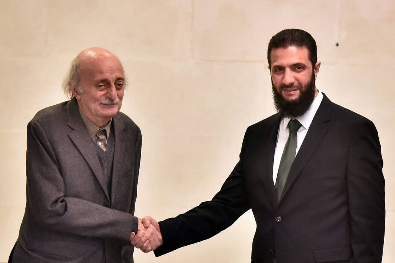 Lebanese Druze former leader Walid Jumblatt (left) meets with de facto Syrian leader Ahmed al-Sharaa in Damascus, on Dec. 22, 2024. Photo by AFP via Getty Images.