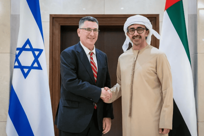 Israeli Foreign Minister meets his Emirati counterpart, Abdullah bin Zayed Al Nahyan, in Abu Dhabi, Jan. 7, 2024. Credit: Israeli Foreign Ministry.