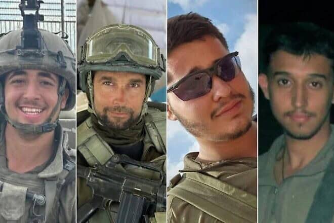 Soldiers killed in action in the Gaza Strip on Jan. 11, 2025: (L-R) Sgt. Yahav Maayan, Sgt. Maj. (res.) Alexander Fedorenko, Staff Sgt. Danila Diakov, Sgt. Eliav Astuker. Credit: IDF.