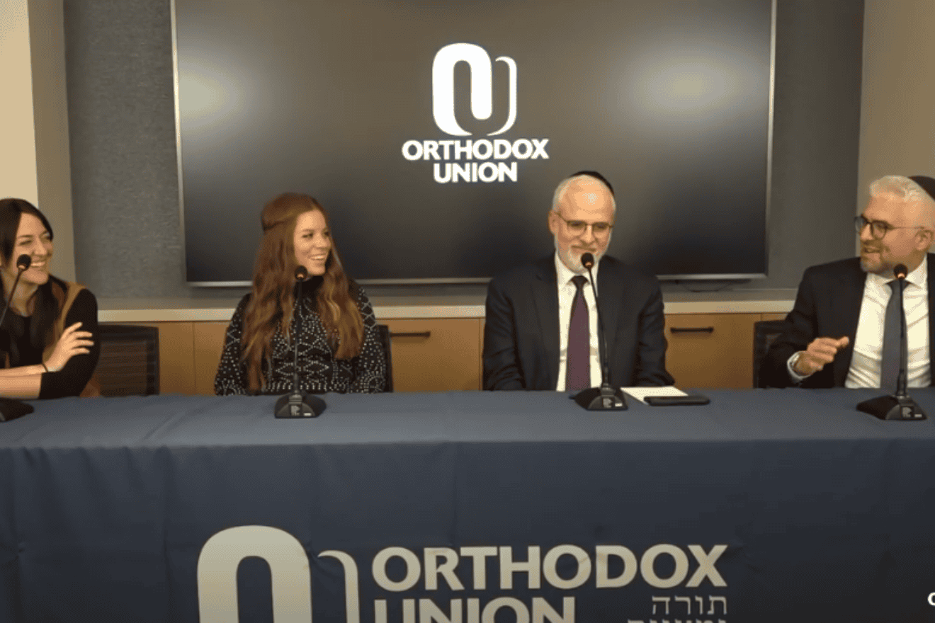 (From left) Discussing the results of the study are Channa Cohen, senior educator for OU-JLIC's Yavneh, Tzipora Grodko, managing director of Aim-Hire and host of the “Stories of Hope With Tzipora Grodko" podcast,  OU executive vice president Rabbi Moshe Hauer and Rabbi David Bashevkin, director of education at the OU's NCSY and host of the “18Forty" podcast. Credit: Courtesy.