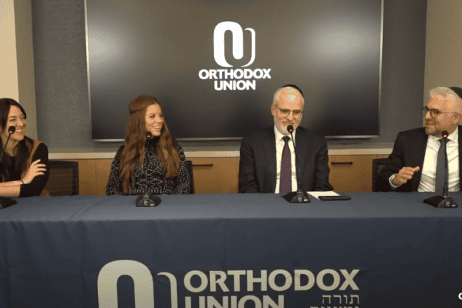 (From left) Discussing the results of the study are Channa Cohen, senior educator for OU-JLIC's Yavneh, Tzipora Grodko, managing director of Aim-Hire and host of the “Stories of Hope With Tzipora Grodko" podcast,  OU executive vice president Rabbi Moshe Hauer and Rabbi David Bashevkin, director of education at the OU's NCSY and host of the “18Forty" podcast. Credit: Courtesy.