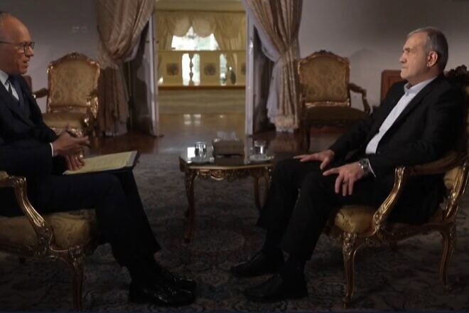 Iranian President Masoud Pezeshkian, right, speaks with NBC's Lester Holt in January 2025. Photo taken out of the NBC interview.