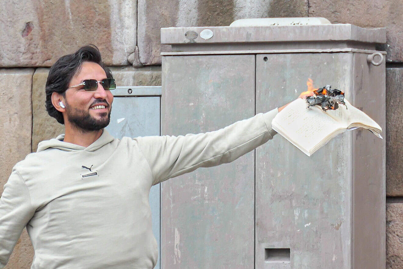 Salwan Momika burns a copy of the Quran in Stockholm, Sweden, on July 31, 2023. Credit: Frankie Fouganthin via Wikimedia Commons.