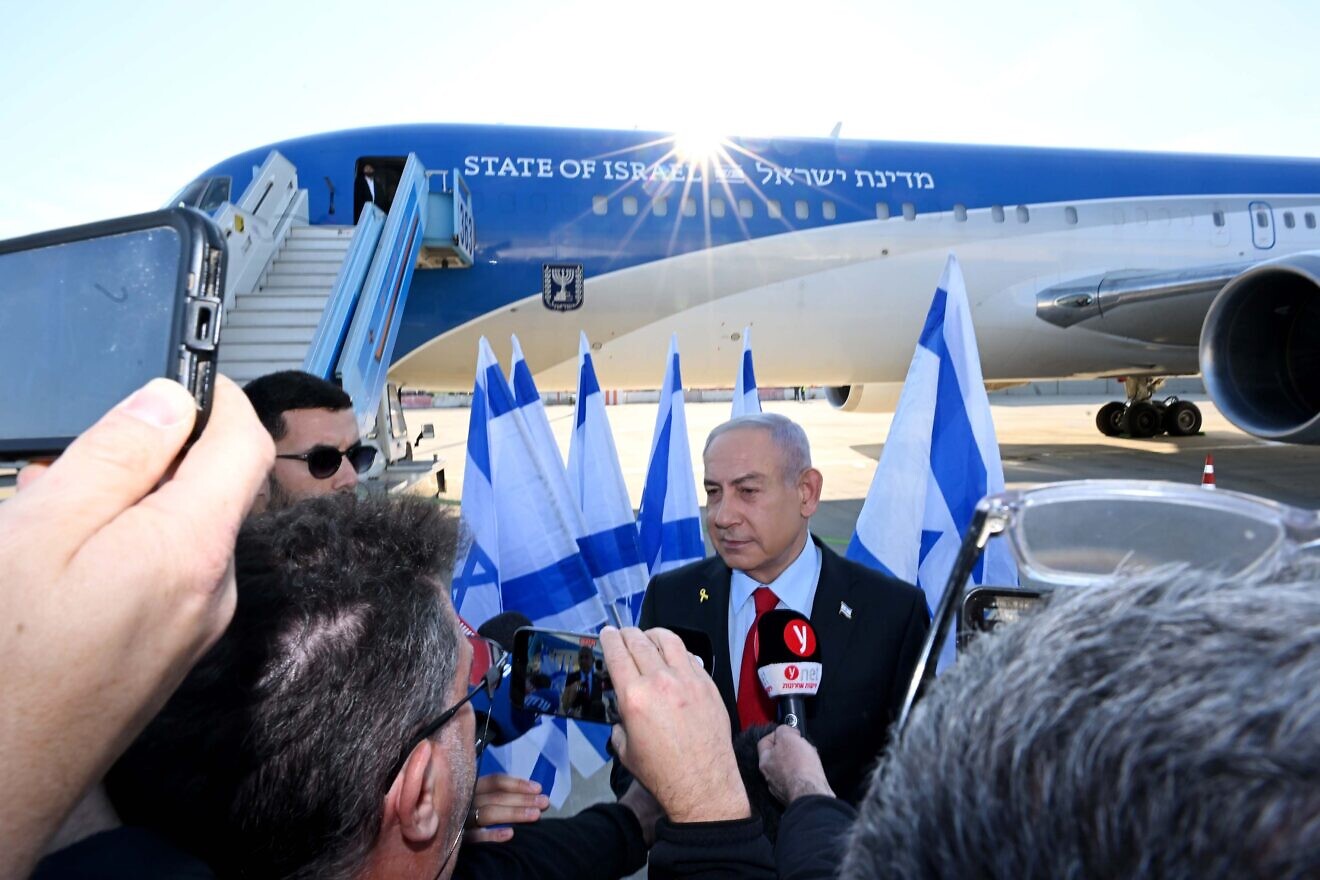 Israeli Prime Minister Benjamin Netanyahu speaks to reporters before flying to Washington, D.C., on Feb. 2, 2025. Photo by Avi Ohayon/GPO.