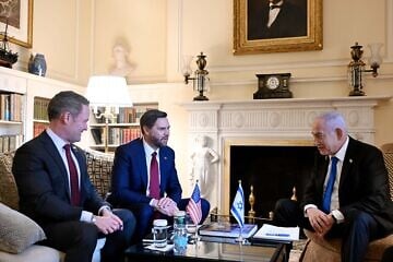 Israeli Prime Minister Benjamin Netanyahu, meets with U.S. Vice President JD Vance and U.S. National Security Advisor Mike Waltz at Blair House in Washington, D.C., Feb. 5, 2025. Photo by Avi Ohayon/GPO.