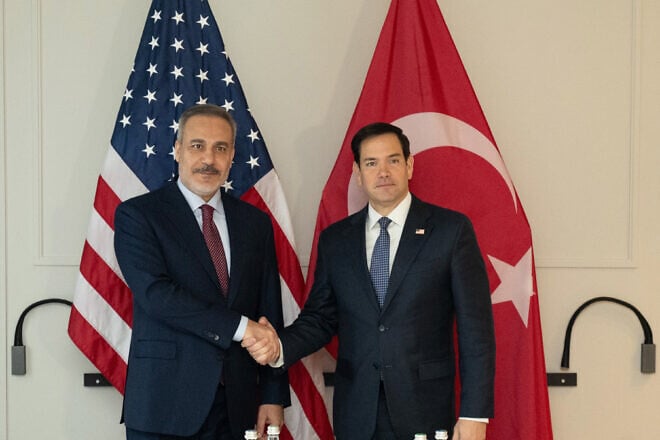 Turkish Foreign Minister Hakan Fidan (left) and U.S. Secretary of State Marco Rubio meet in Munich on Feb. 14, 2025. Photo by Freddie Everett/U.S. State Department.