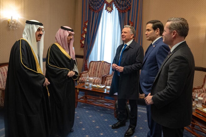 U.S. Secretary of State Marco Rubio attends a meeting with U.S. Middle East envoy Steve Witkoff, National Security Advisor Mike Waltz, Saudi Arabia's Foreign Minister Prince Faisal bin Farhan al-Saud and Saudi National Security Advisor Mosaad bin Mohammad al-Aiban, at Diriyah Palace in Riyadh, Saudi Arabia, Feb. 18, 2025. Credit: Freddie Everett/U.S. State Department.