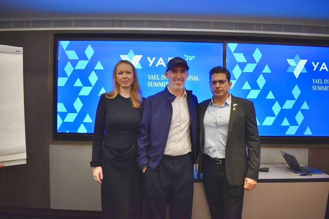 From left, Yael Foundation co-founders Yael and Uri Poliavich, and Israeli Minister of Diaspora Affairs and Combating Antisemitism Amichai Chikli, at the foundation's educational conference in Limassol, Cyprus, February 2025. Credit: Yael Foundation.